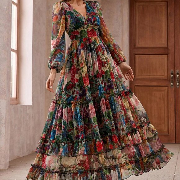 Multicolor Elegant Women's Floral Long Sleeve Frill Trim Maxi Dress - Picture 6 of 6